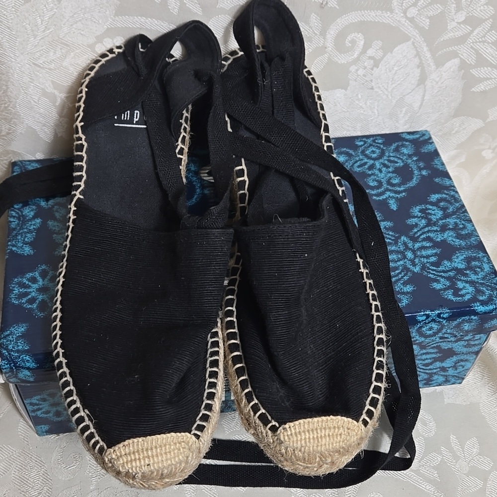 Impo Mai Tai Lace Up Black Espadrille Wedge Shoes with Woven Sole - Picture 4 of 8